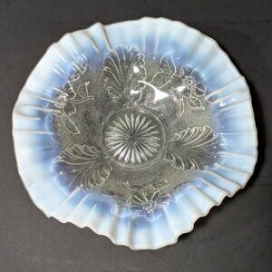 Northwood Opalescent Glass Crimped Bowl Blossom White Ruffled Edge Decorative